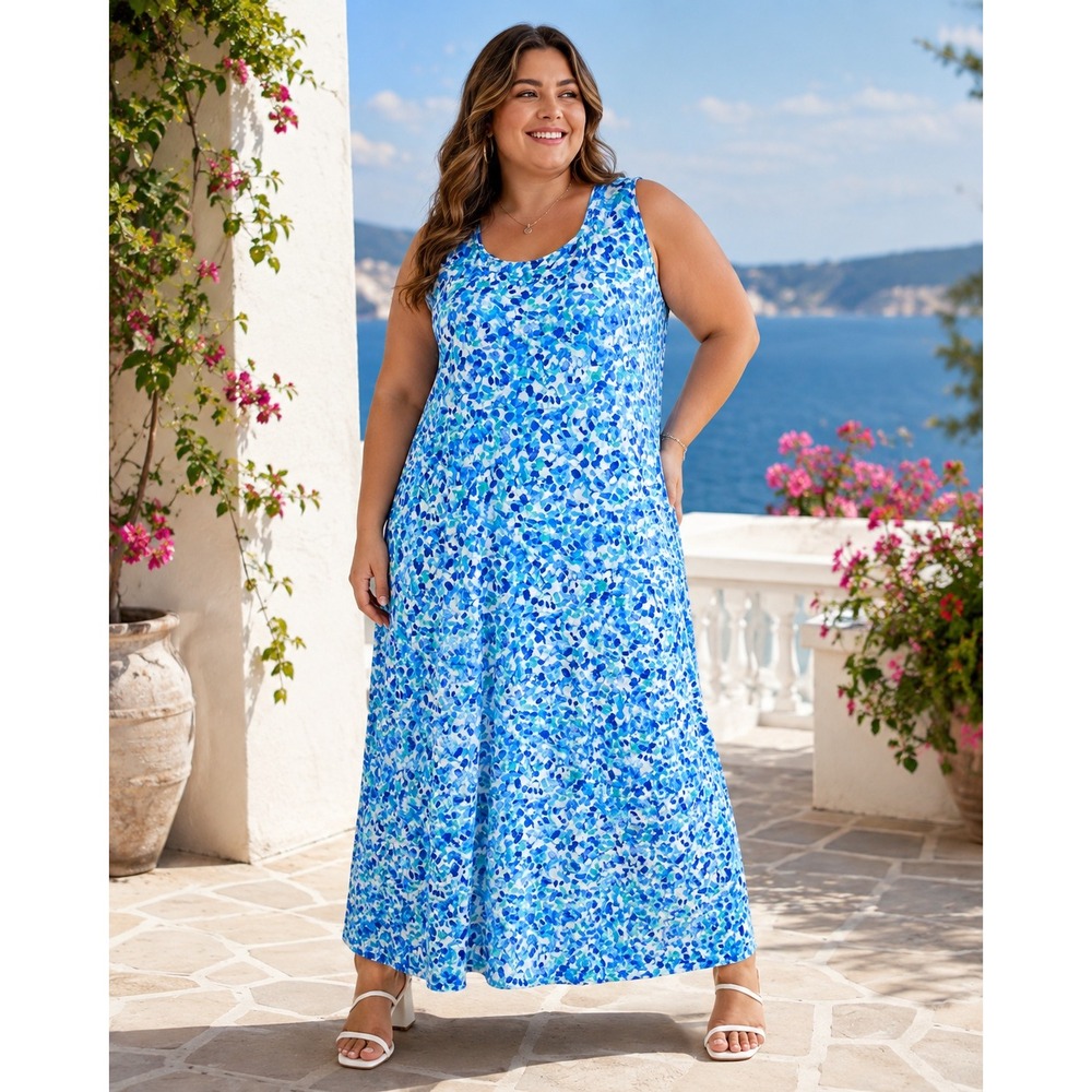 470. Susan Graver Blue Abstract Confetti Print Sleeveless Maxi Dress
